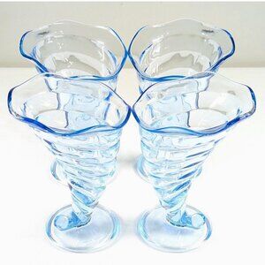 SET of 4 Bormioli Rocco Fortuna blue glass cornucopia dessert horns Italy